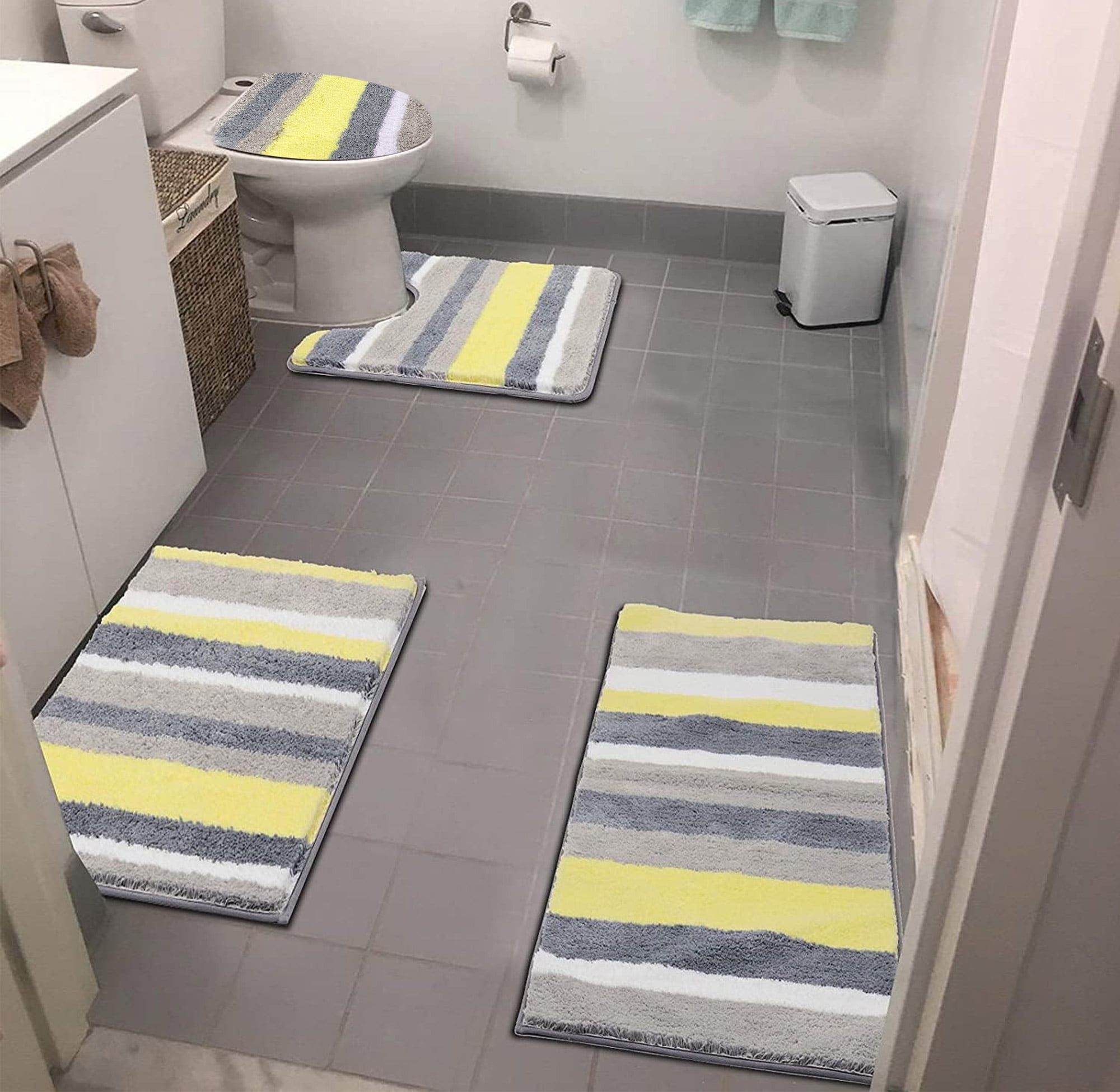 Ileading 4 Piece Stripe Bathroom Rugs Microfiber Washable Non Slip