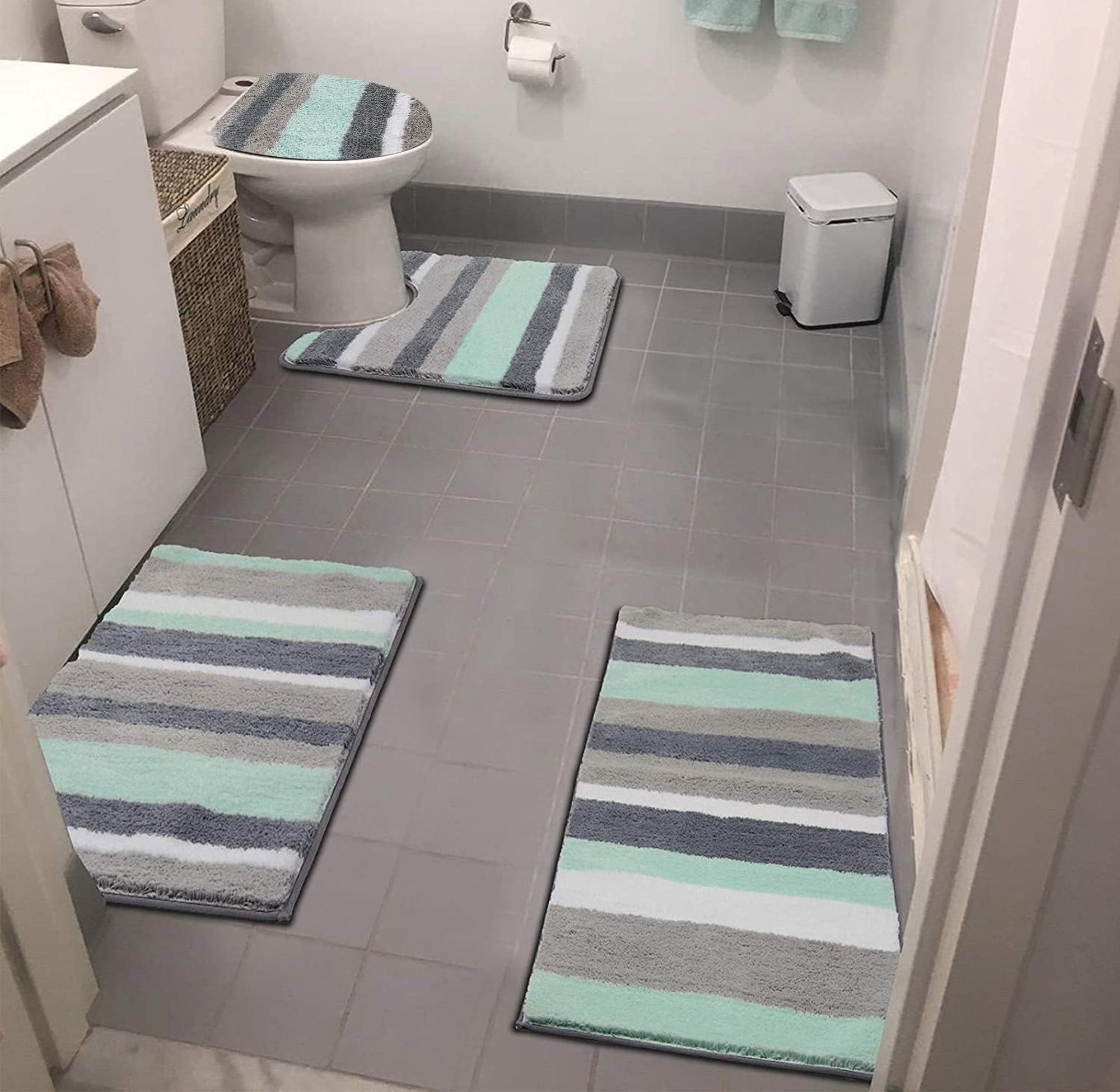 Ileading Shag Bath Contour Rug, 4 Piece Stripe Microfiber Non Slip ...