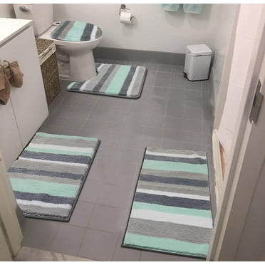 Ileading 4 Piece Stripe Bathroom Rugs Microfiber Washable Non Slip Bathroom Rug and Mat Set