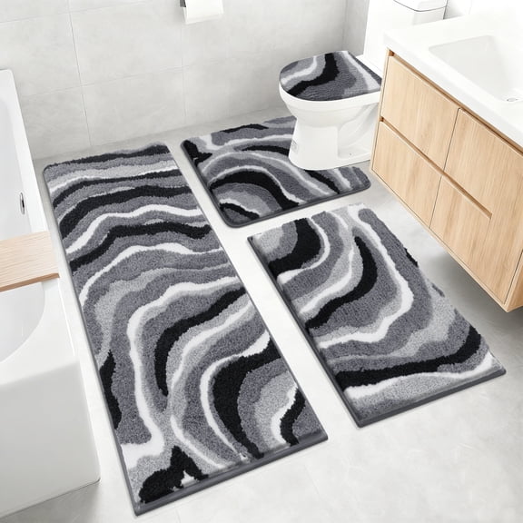 Bathroom Rugs Sets 4 Piece with Toilet Lid Cover, Non Slip Bathroom Mats Extra Soft Bath Rugs Absorbent Shaggy Rugs Perfect Plush Mats U-Shaped Toilet Rug and Toilet Cover