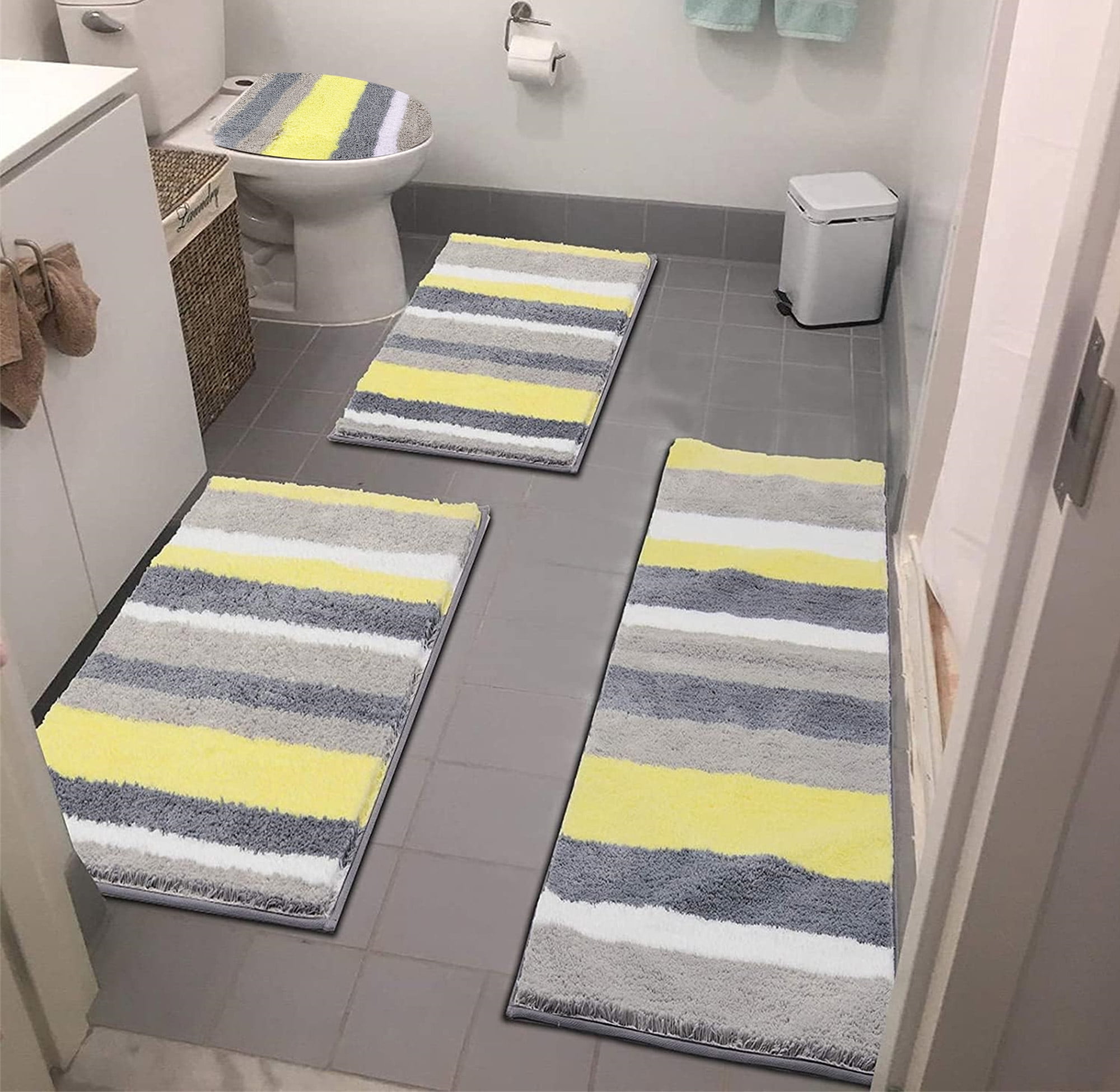 Ileading 4 Piece Stripe Bathroom Rugs Microfiber Washable Non Slip