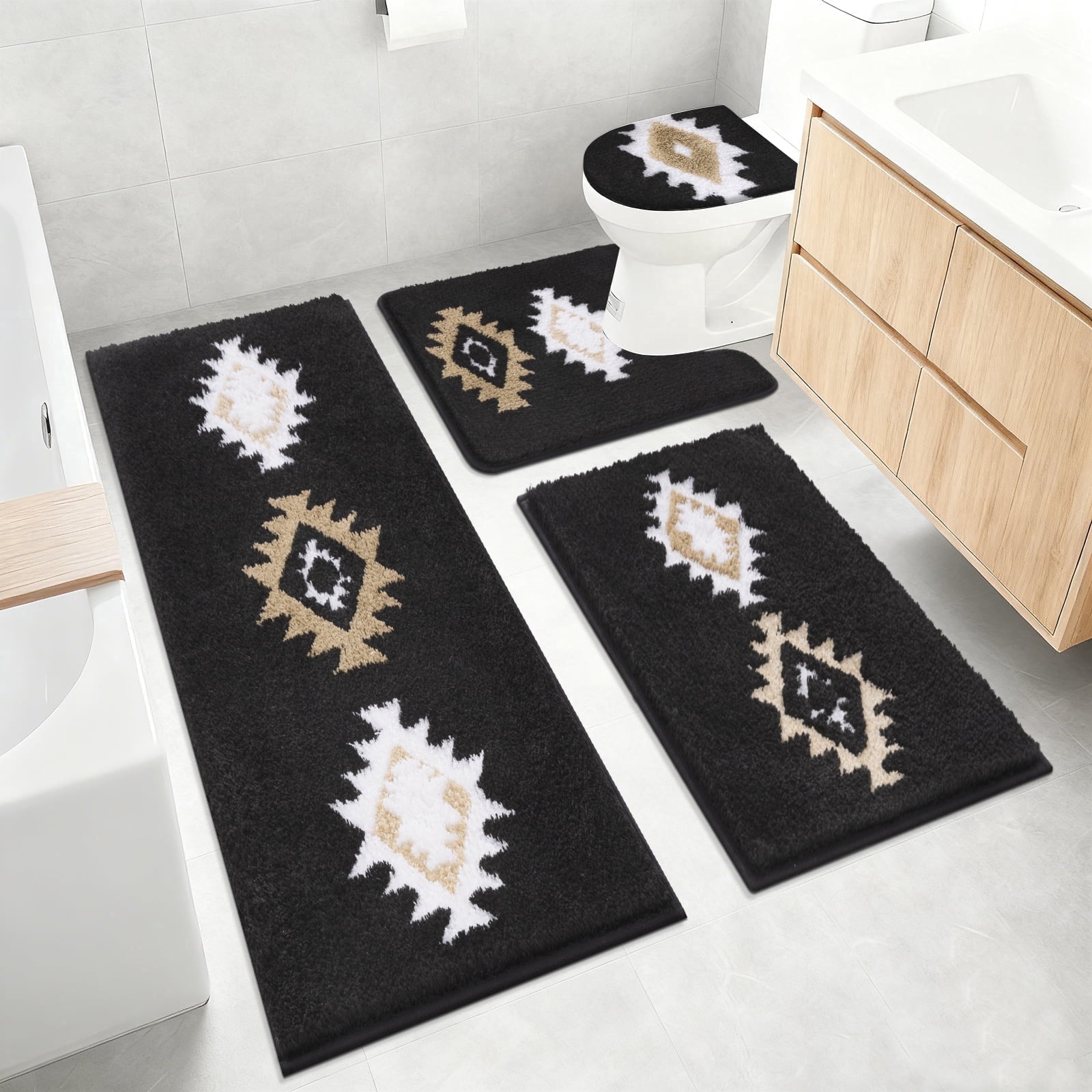 Bathroom Rugs Sets 4 Piece with Toilet Lid Cover, Non Slip Bathroom Mats Extra Soft Bath Rugs Absorbent Shaggy Rugs Perfect Plush Mats U-Shaped Toilet Rug and Toilet Cover
