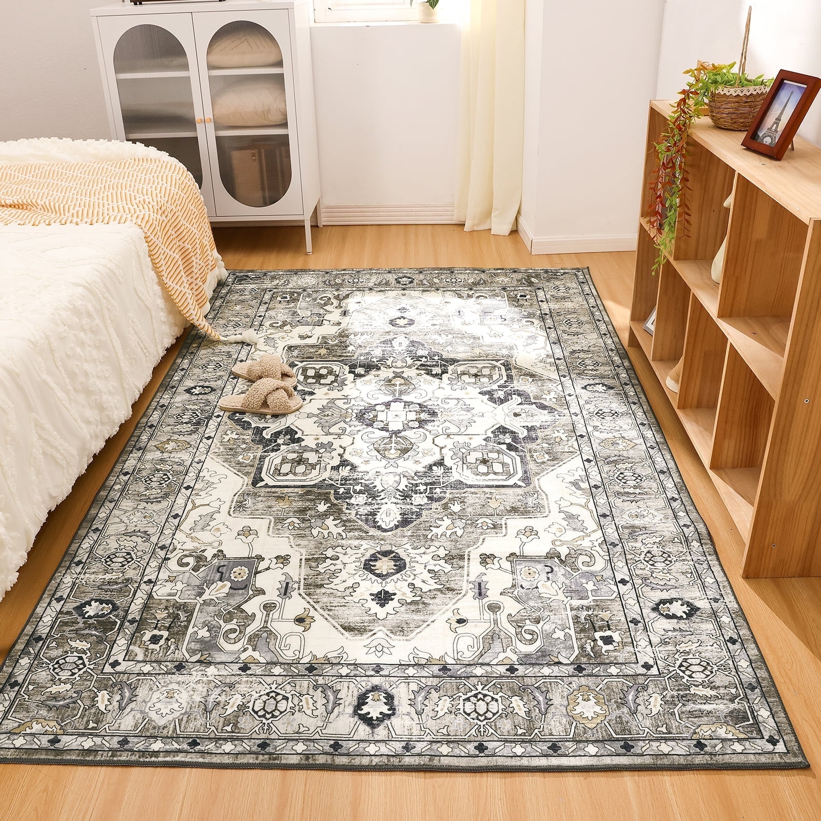Ileading 5'x8' Boho Area Rug for Living Room, Non Slip Machine Washable Rugs Vintage Floor Carpet for Bedroom Dinning Room Kitchen, Brown