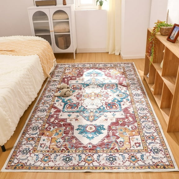 Ileading 6'x9' Boho Area Rug for Living Room, Non Slip Machine Washable Rugs Vintage Floor Carpet for Bedroom Dinning Room Kitchen, Red