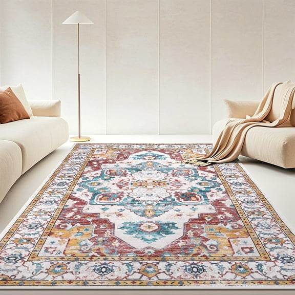 Ileading 8'x10' Boho Area Rug for Living Room, Non Slip Machine Washable Rugs Vintage Floor Carpet for Bedroom Dinning Room Kitchen, Red