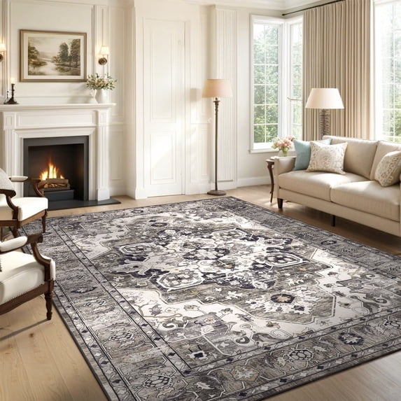 Ileading 9'x12' Boho Area Rug for Living Room, Non Slip Machine Washable Rugs Vintage Floor Carpet for Bedroom Dinning Room Kitchen, Brown