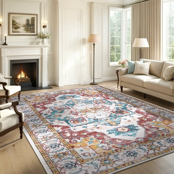 Ileading 9'x12' Boho Area Rug for Living Room, Non Slip Machine Washable Rugs Vintage Floor Carpet for Bedroom Dinning Room Kitchen, Red