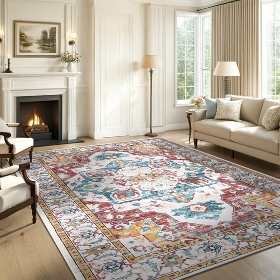 Ileading 9'x12' Boho Area Rug for Living Room, Non Slip Machine Washable Rugs Vintage Floor Carpet for Bedroom Dinning Room Kitchen, Red