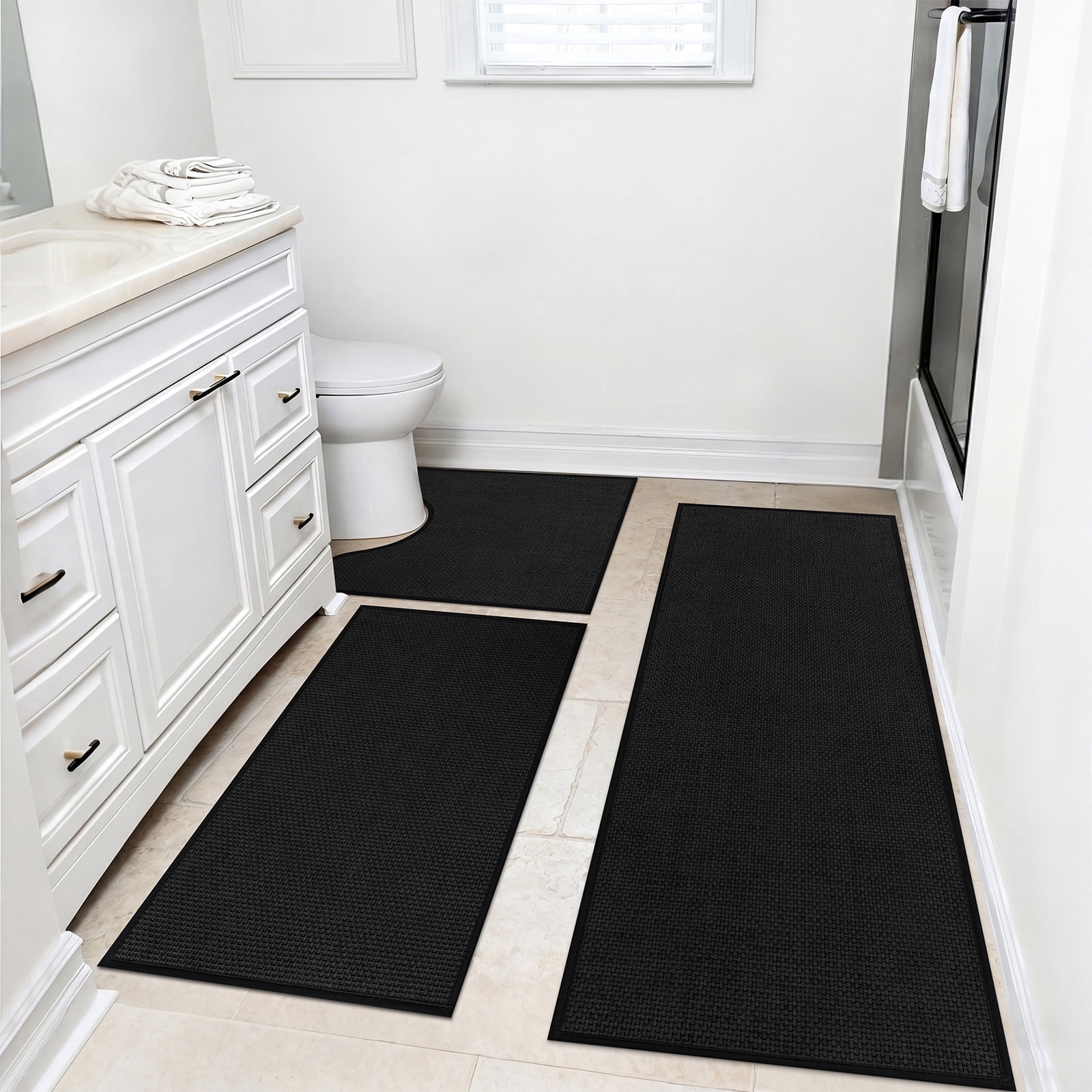 Ileading 3pcs Bathroom Rugs Set with U-Shaped Mat, Non Slip, Soft, Absorbent Bath Mats for Tub, Shower, Toilet 18"x26"+18"x48"+U Shape 20"x24" Black