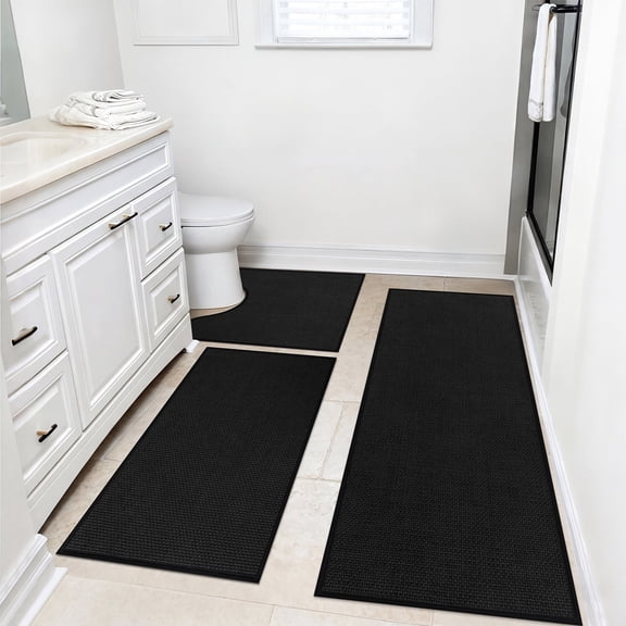Ileading 3pcs Bathroom Rugs Set with U-Shaped Mat, Non Slip, Soft, Absorbent Bath Mats for Tub, Shower, Toilet 18"x26"+18"x48"+U Shape 20"x24" Black