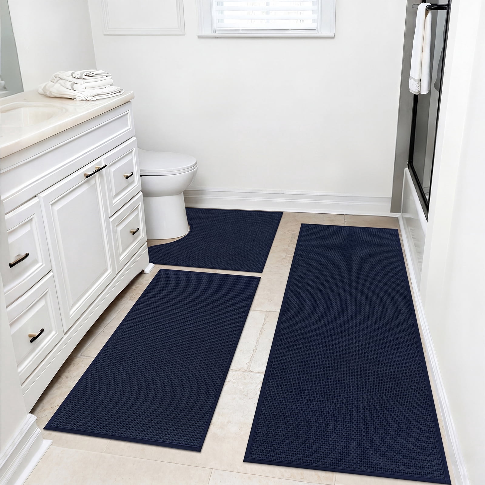 Ileading 3pcs Bathroom Rugs Set with U-Shaped Mat, Non Slip, Soft, Absorbent Bath Mats for Tub, Shower, Toilet 18"x26"+18"x48"+U Shape 20"x24" Blue