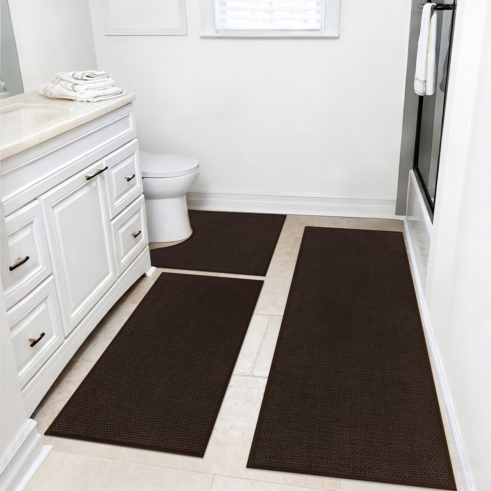 Ileading 3pcs Bathroom Rugs Set with U-Shaped Mat, Non Slip, Soft, Absorbent Bath Mats for Tub, Shower, Toilet 18"x26"+18"x48"+U Shape 20"x24" Brown