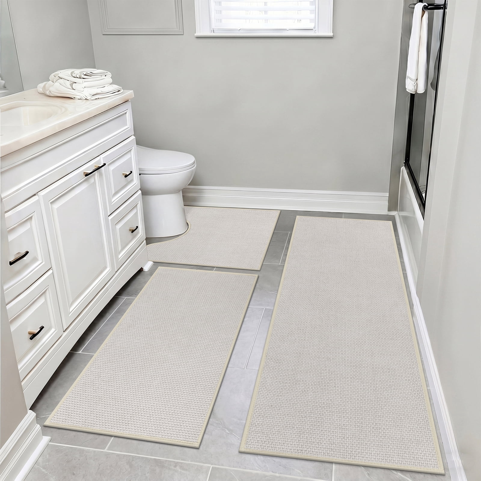 Ileading 3pcs Bathroom Rugs Set with U-Shaped Mat, Non Slip, Soft, Absorbent Bath Mats for Tub, Shower, Toilet 18"x26"+18"x48"+U Shape 20"x24" Beige