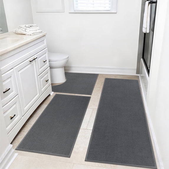 Ileading 3pcs Bathroom Rugs Set with U-Shaped Mat, Non Slip, Soft, Absorbent Bath Mats for Tub, Shower, Toilet 18"x26"+18"x48"+U Shape 20"x24" Gray