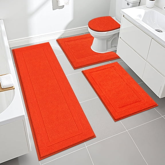 Ileading Bathroom Rugs Set of 4 Soft Bath Mats with Toilet Lid Cover Washable Microfiber Bathroom Mats, Orange