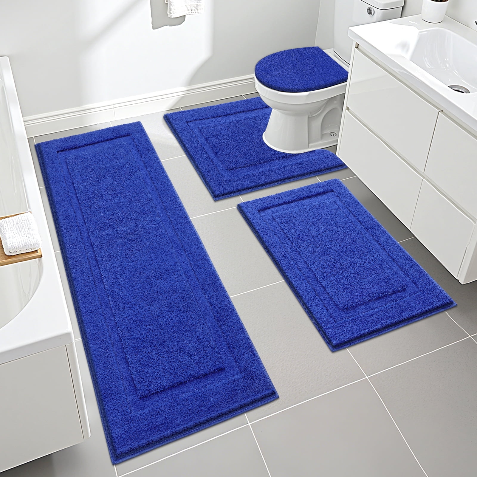 Ileading Bathroom Rugs Set of 4 Soft Bath Mats with Toilet Lid Cover Washable Microfiber Bathroom Mats, Royal Blue