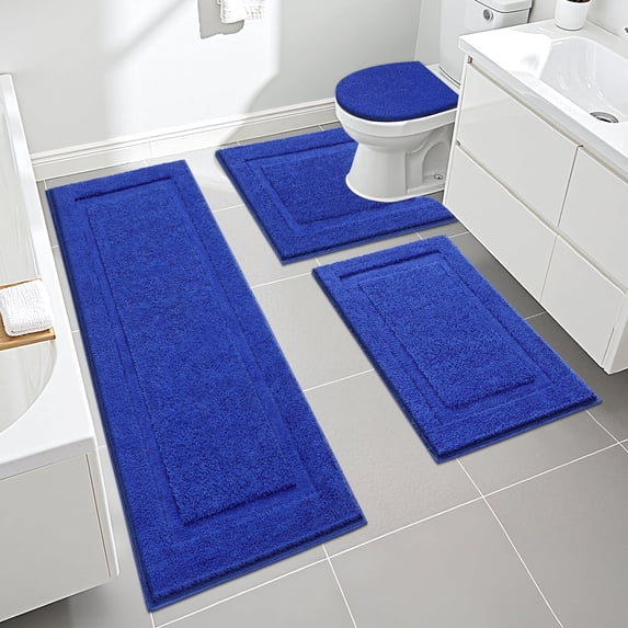 Ileading Bathroom Rugs Set of 4 Soft Bath Mats with Toilet Lid Cover Washable Microfiber Bathroom Mats, Royal Blue