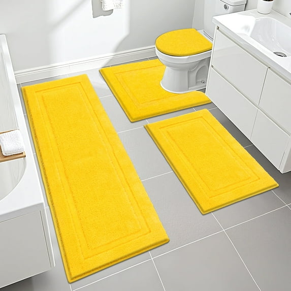 Ileading Bathroom Rugs Set of 4 Soft Bath Mats with Toilet Lid Cover Washable Microfiber Bathroom Mats, Yellow