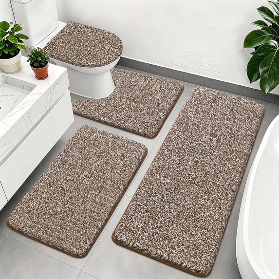 Ileading Bathroom Rugs Sets 4 Piece, Non Slip Washable Bath Rug, Absorbent Shaggy Bath Mats for Bathroom Floor, Tub, Shower, Brown