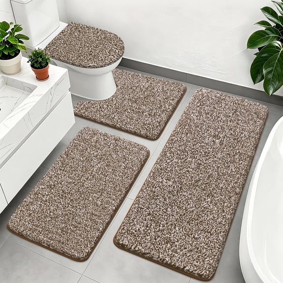 Ileading Bathroom Rugs Sets 4 Piece, Non Slip Washable Bath Rug, Absorbent Shaggy Bath Mats for Bathroom Floor, Tub, Shower, Brown