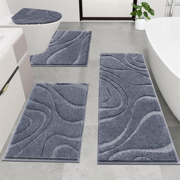 Ileading Bathroom Rugs Sets 4 Piece, Super Soft and Absorbent Non Slip Microfiber Toilet Bathroom Mats