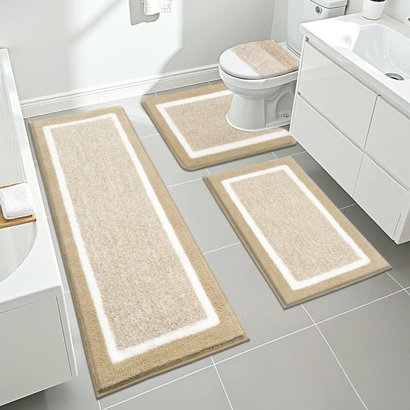 Ileading Bathroom Rugs Sets 4 Piece with Lid Cover Absorbent Microfiber Bathroom Shower Mat Set, Beige