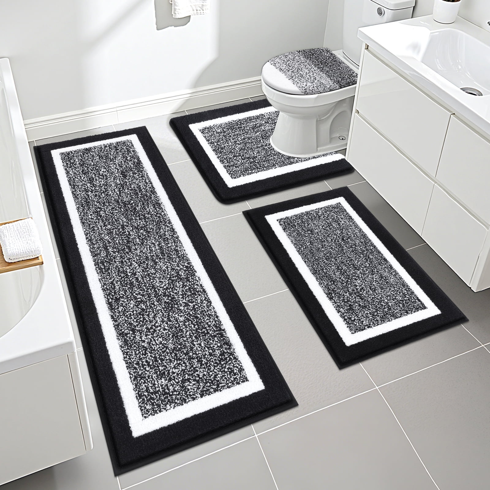 Ileading Bathroom Rugs Sets 4 Piece with Lid Cover Absorbent Microfiber Bathroom Shower Mat Set, Black
