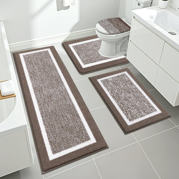 Ileading Bathroom Rugs Sets 4 Piece with Lid Cover Absorbent Microfiber Bathroom Shower Mat Set, Coffee