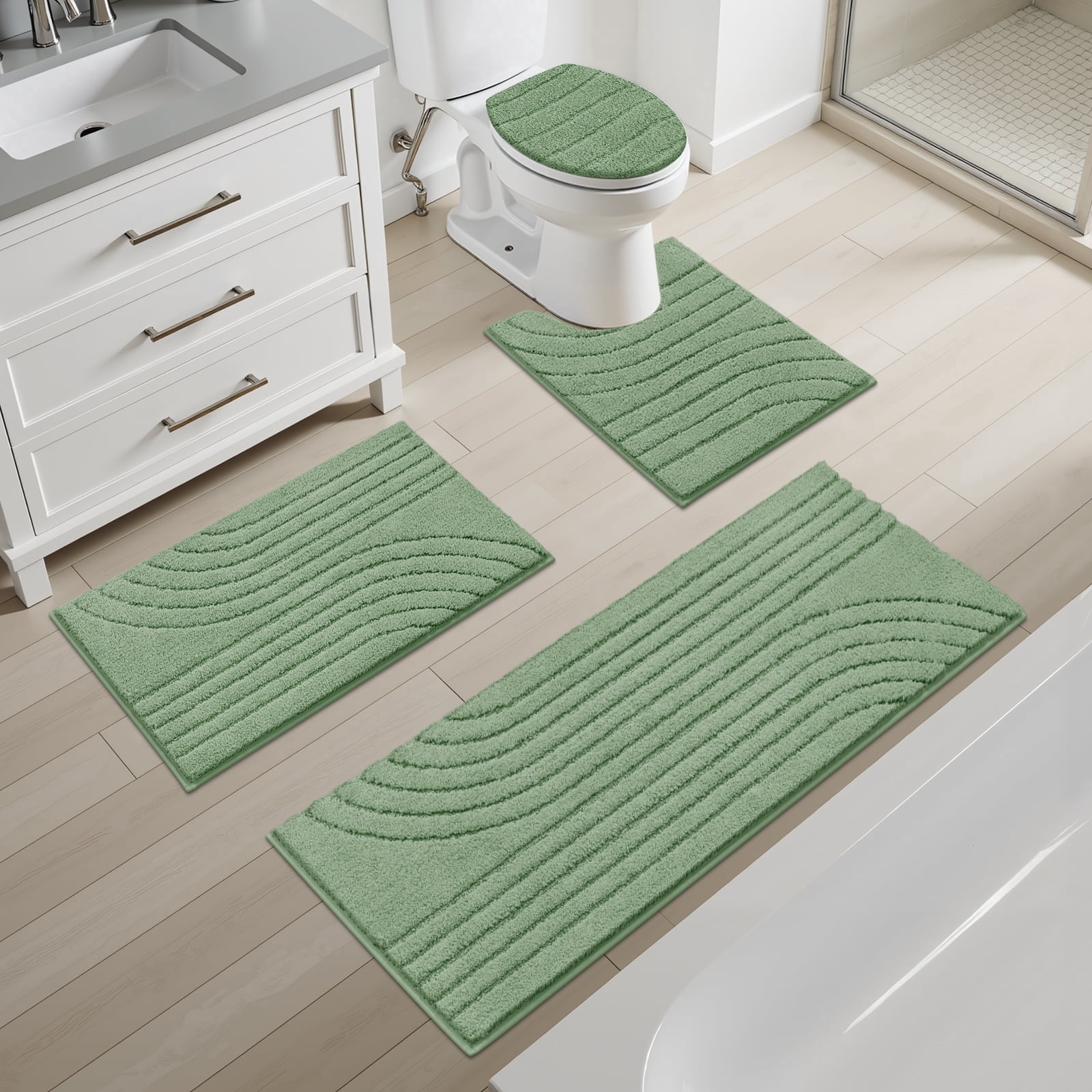 Ileading Bathroom Rugs Sets 4 Piece with Toilet Lid Cover, Non Slip Bathroom Mats Extra Soft Bath Rugs Absorbent Shaggy Rugs Perfect Plush Mats