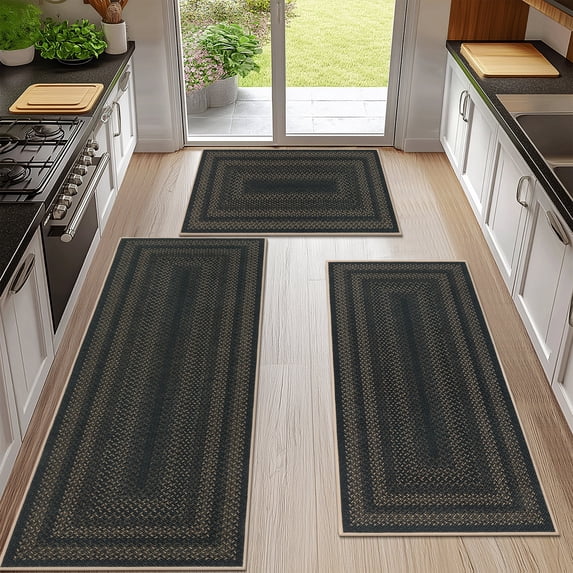 Ileading Boho Kitchen Rugs Sets 3 Piece with Runner Non Slip Kitchen Mats for Floor Washable Black