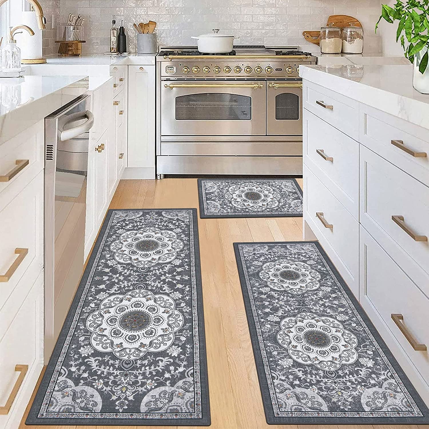 Evideco Chic Cutlery Print Gray Wool-Effect Kitchen Mat and Runner Rug Set of 2