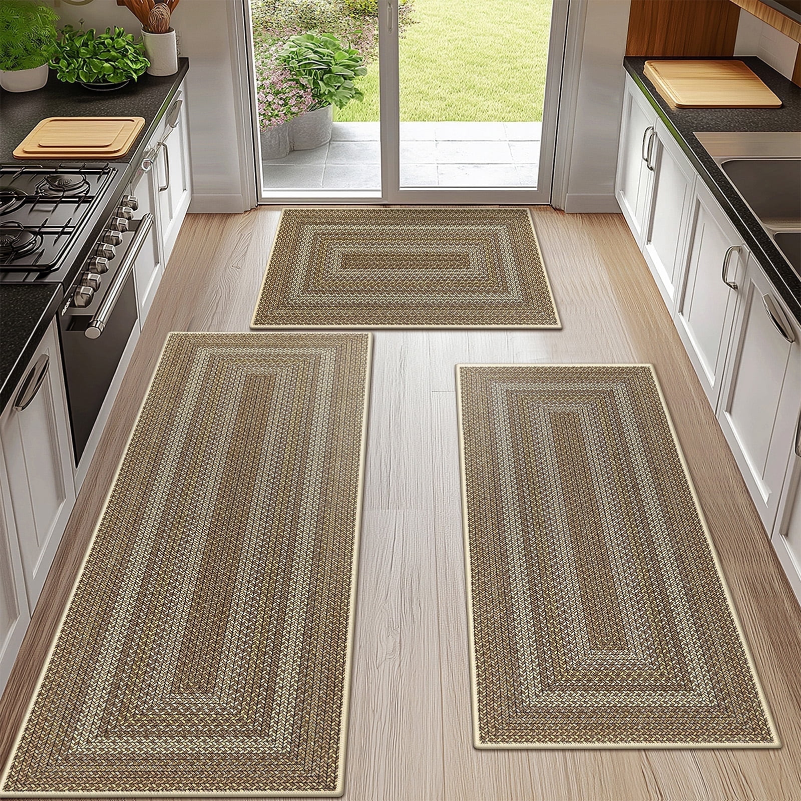 Kitchen Runner Rugs Set of 2, Abstract Geometry Pattern Indigo Blue Rubber Non-Slip Area Collection Rug High Traffic Areas for Hallway,Bathroo並行輸入 Ileading 3 Piece Boho Kitchen Rug Sets with Non-Slip Runner