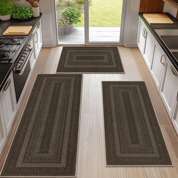 Ileading Boho Kitchen Rugs Sets 3 Piece with Runner Non Slip Kitchen Mats for Floor Washable Brown Beige