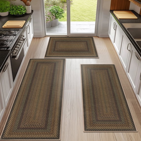 Ileading Boho Kitchen Rugs Sets 3 Piece with Runner Non Slip Kitchen Mats for Floor Washable Brown