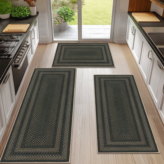Ileading Boho Kitchen Rugs Sets 3 Piece with Runner Non Slip Kitchen Mats for Floor Washable Green