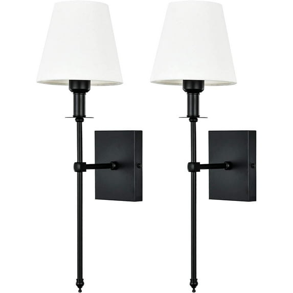 Ileading Slim Wall Sconces Set of 2 White Fabric Shade Wall Sconce Hardwired Indoor Wall Light Column Stand Bedroom Wall Lamp Bathroom Vanity Light Fixture, Black