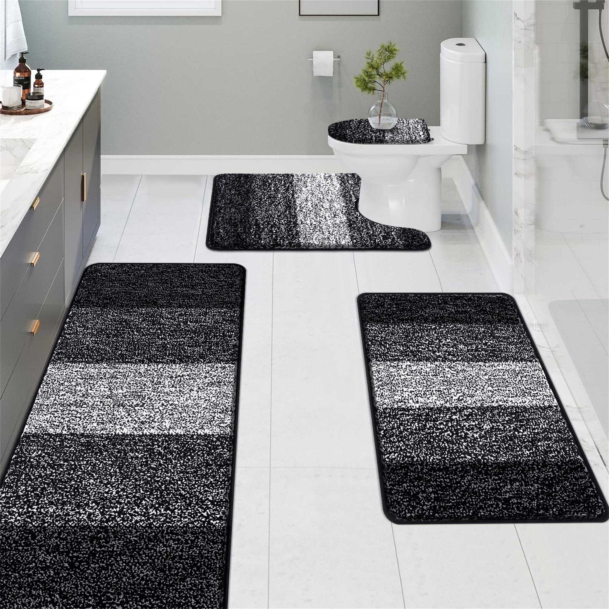 Ileading Plush 4 Piece Non-Slip Microfiber Bathroom Rug Set, Machine Washable, Black - Walmart.com