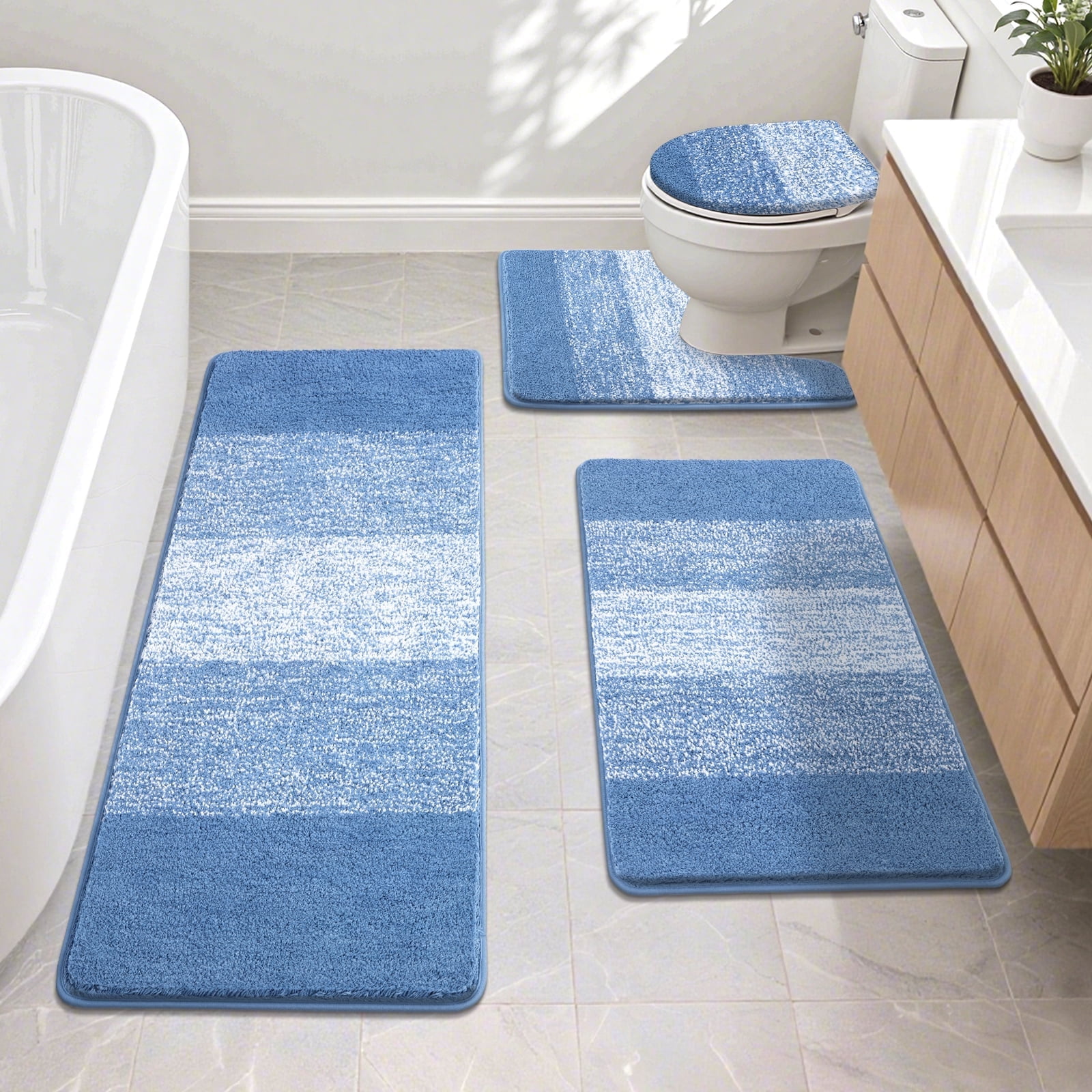 Ileading Traditional 4 Piece Microfiber Washable Bathroom Rug Set, Blue