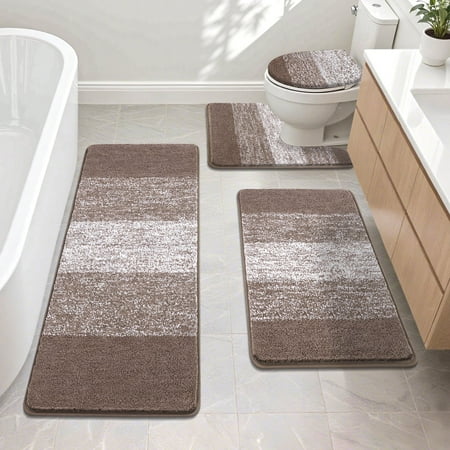 Ileading Traditional 4 Piece Microfiber Washable Bathroom Rug Set, Coffee