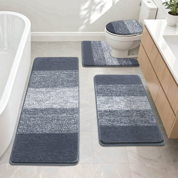Ileading Traditional 4 Piece Microfiber Washable Bathroom Rug Set, Grey