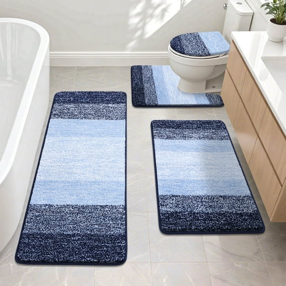 Ileading Traditional 4 Piece Microfiber Washable Bathroom Rug Set, Navy Blue