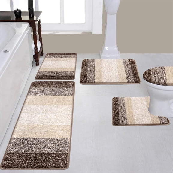 Ileading Traditional 5 Piece Large Size Microfiber Washable Bathroom Rug Set, Dark Coffee