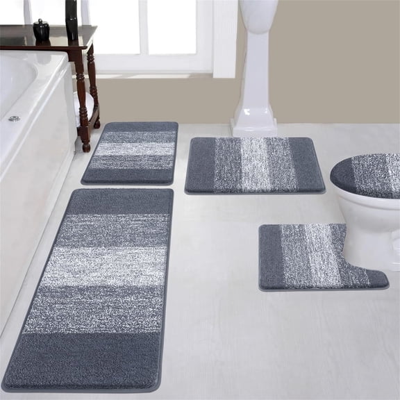 Ileading Traditional 5 Piece Large Size Microfiber Washable Bathroom Rug Set, Grey
