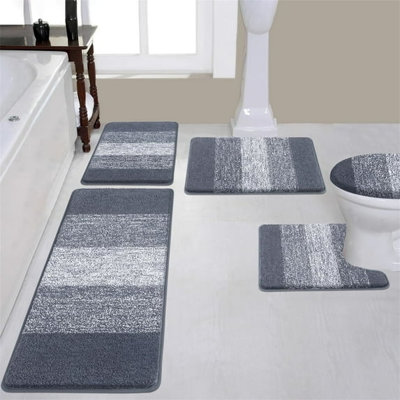 Ileading Traditional 5 Piece Large Size Microfiber Washable Bathroom Rug Set, Grey