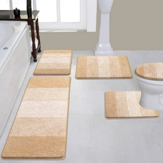 Ileading Traditional 5 Piece Large Size Microfiber Washable Bathroom Rug Set
