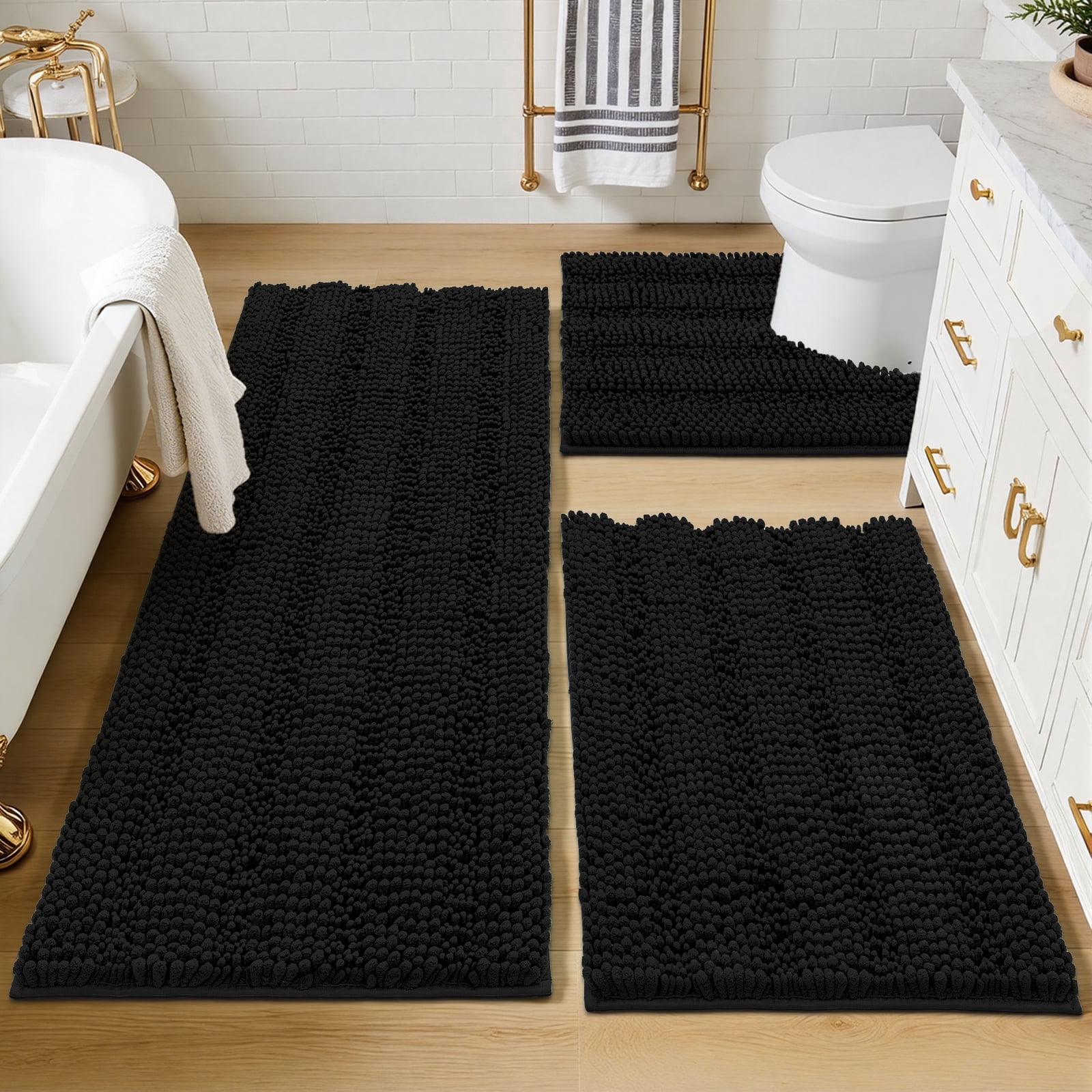 Ileading Ultra Soft Bathroom Rug Set 3 Pieces, Non Slip Thick Chenille Striped Bath Mat, Absorbent Plush Shaggy Bath Rugs for Bathroom, Black