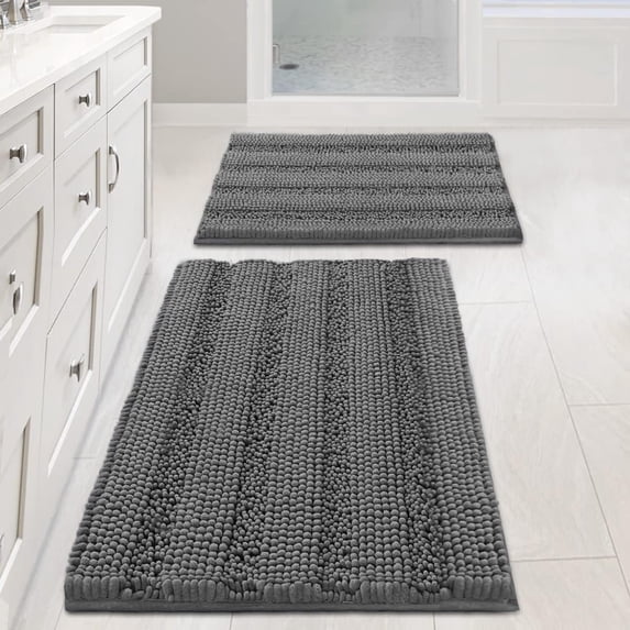 Ileading Ultra Soft Bathroom Rug Set 3 Pieces, Non Slip Thick Chenille Striped Bath Mat, Absorbent Plush Shaggy Bath Rugs for Bathroom, Gray
