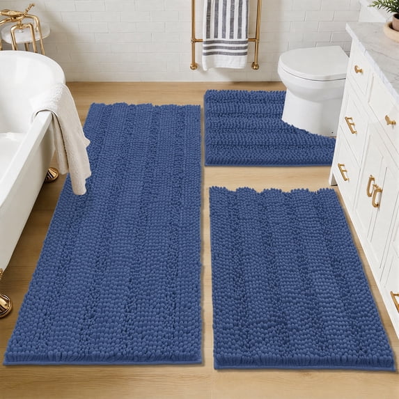 Ileading Ultra Soft Bathroom Rug Set 3 Pieces, Non Slip Thick Chenille Striped Bath Mat, Absorbent Plush Shaggy Bath Rugs for Bathroom, Haze Blue