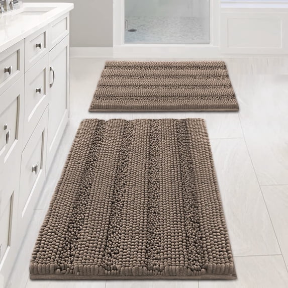 Ileading Ultra Soft Bathroom Rug Set 3 Pieces, Non Slip Thick Chenille Striped Bath Mat, Absorbent Plush Shaggy Bath Rugs for Bathroom, Light Brown