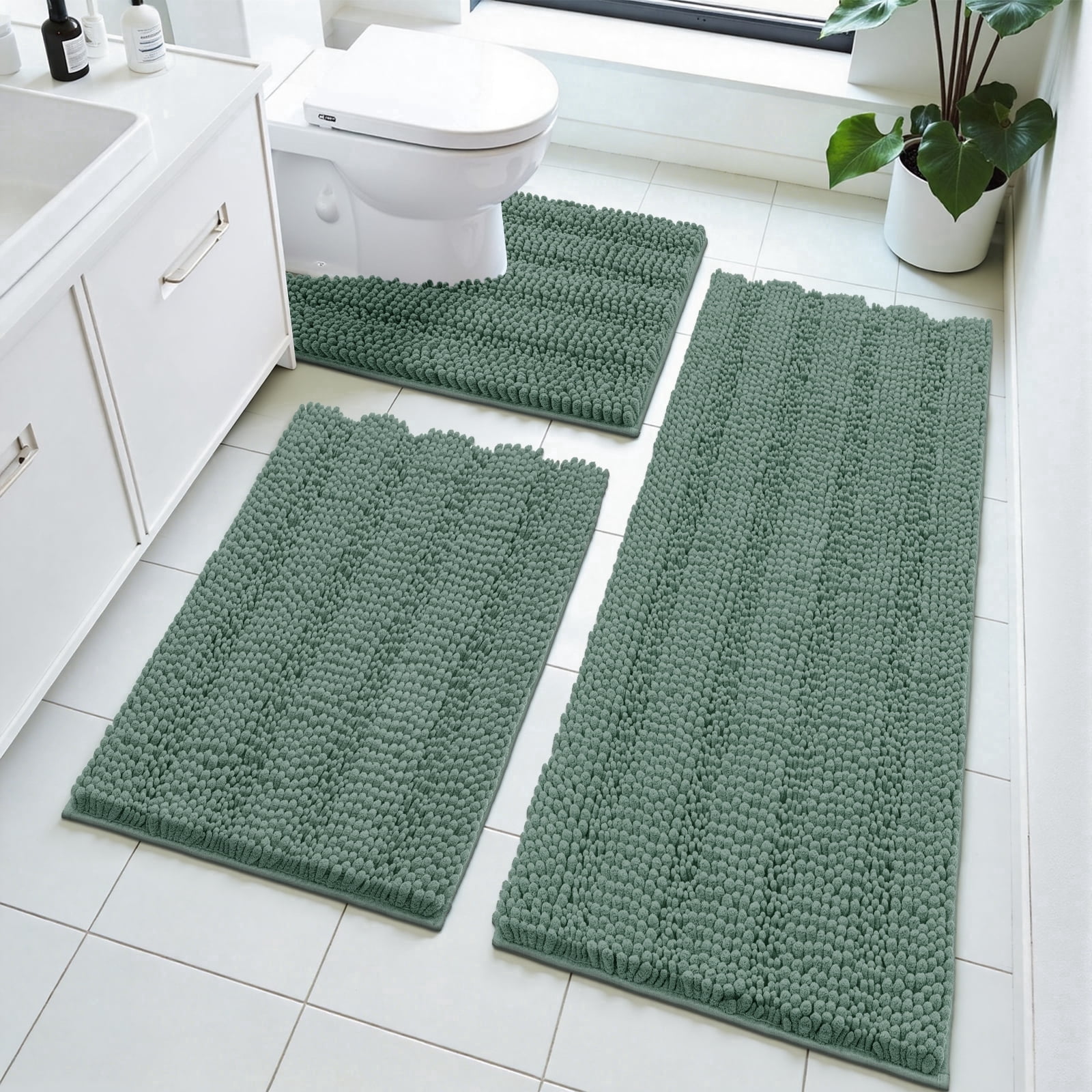 Ileading Ultra Soft Bathroom Rug Set 3 Pieces, Non Slip Thick Chenille Striped Bath Mat, Absorbent Plush Shaggy Bath Rugs for Bathroom,Sage Green